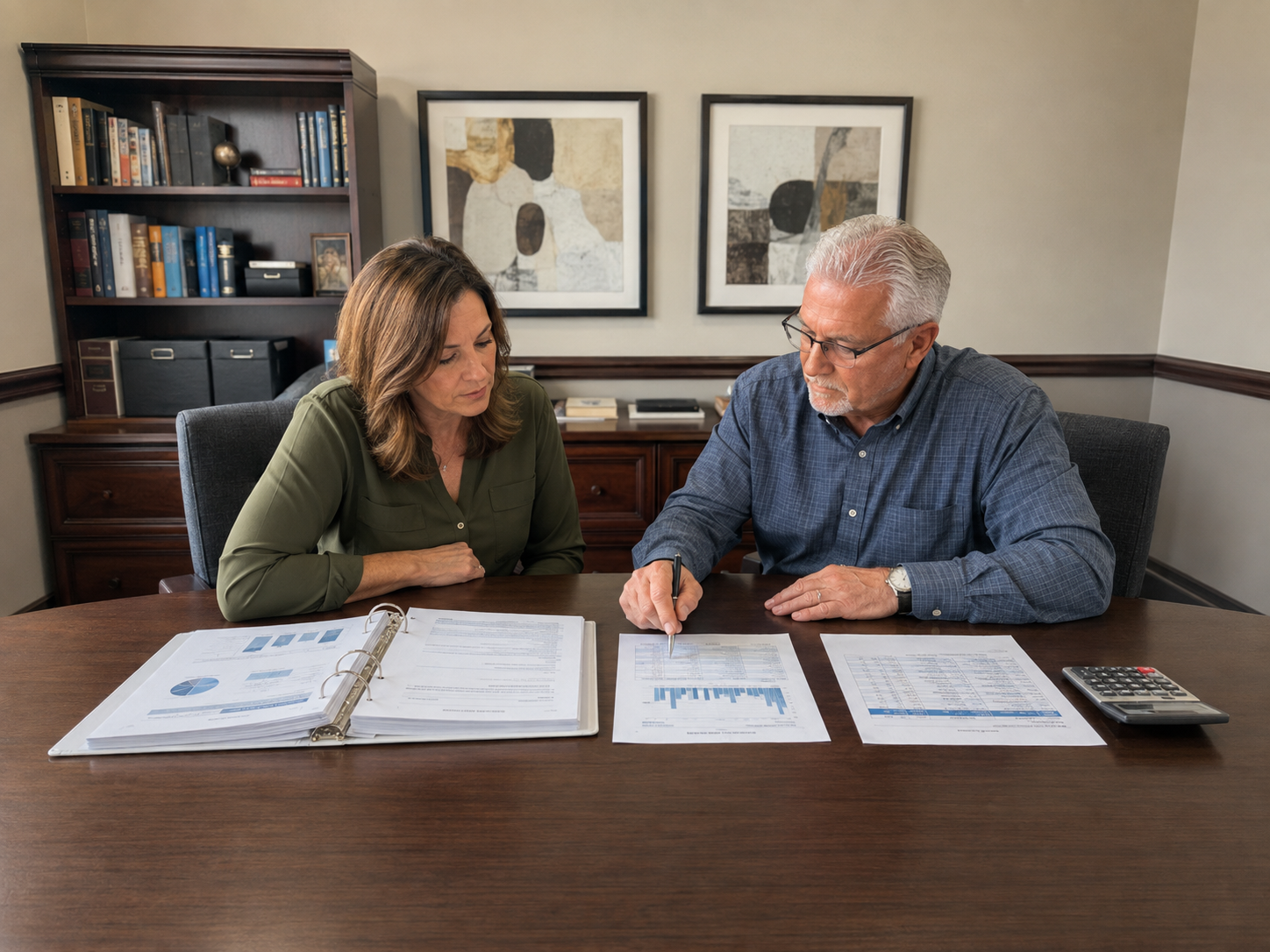 Small business owner and accountant reviewing a business plan, cash-flow projection, and loan repayment schedule