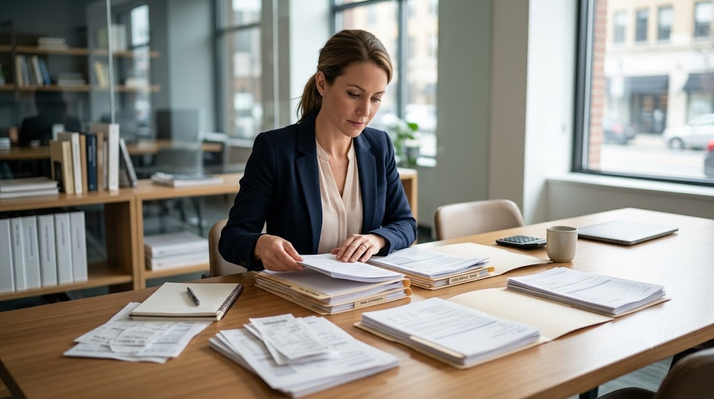 Small business owner organizing financial documents for a loan application without collateral.