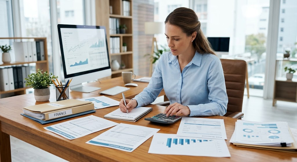 Small business owner reviewing cash flow and financial records before applying for an unsecured business loan.