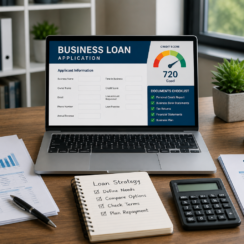 Business loan application on a laptop with financial documents and cash flow reports on a modern office desk.