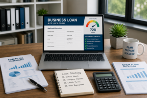 Business loan application on a laptop with financial documents and cash flow reports on a modern office desk.