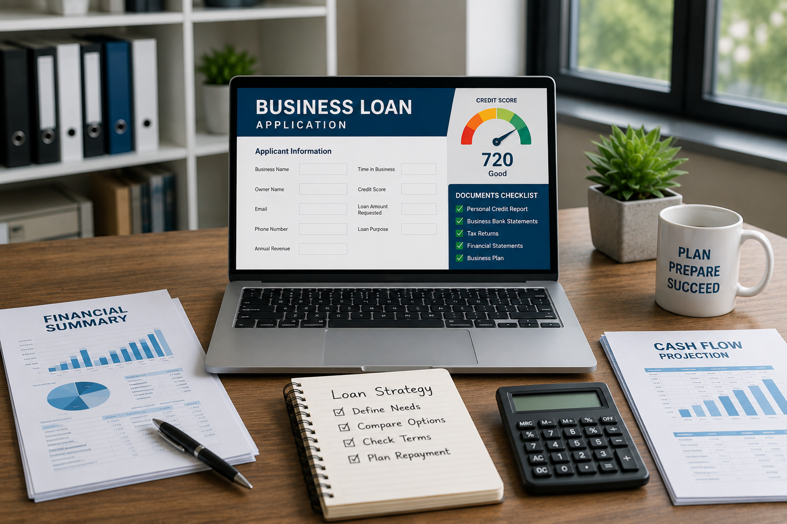 Business loan application on a laptop with financial documents and cash flow reports on a modern office desk.