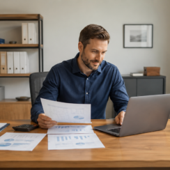 Business owner reviewing financial reports and cash flow while considering working capital loans.