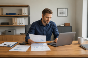 Business owner reviewing financial reports and cash flow while considering working capital loans.