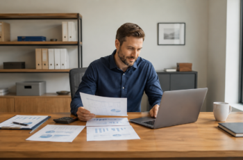 Business owner reviewing financial reports and cash flow while considering working capital loans.