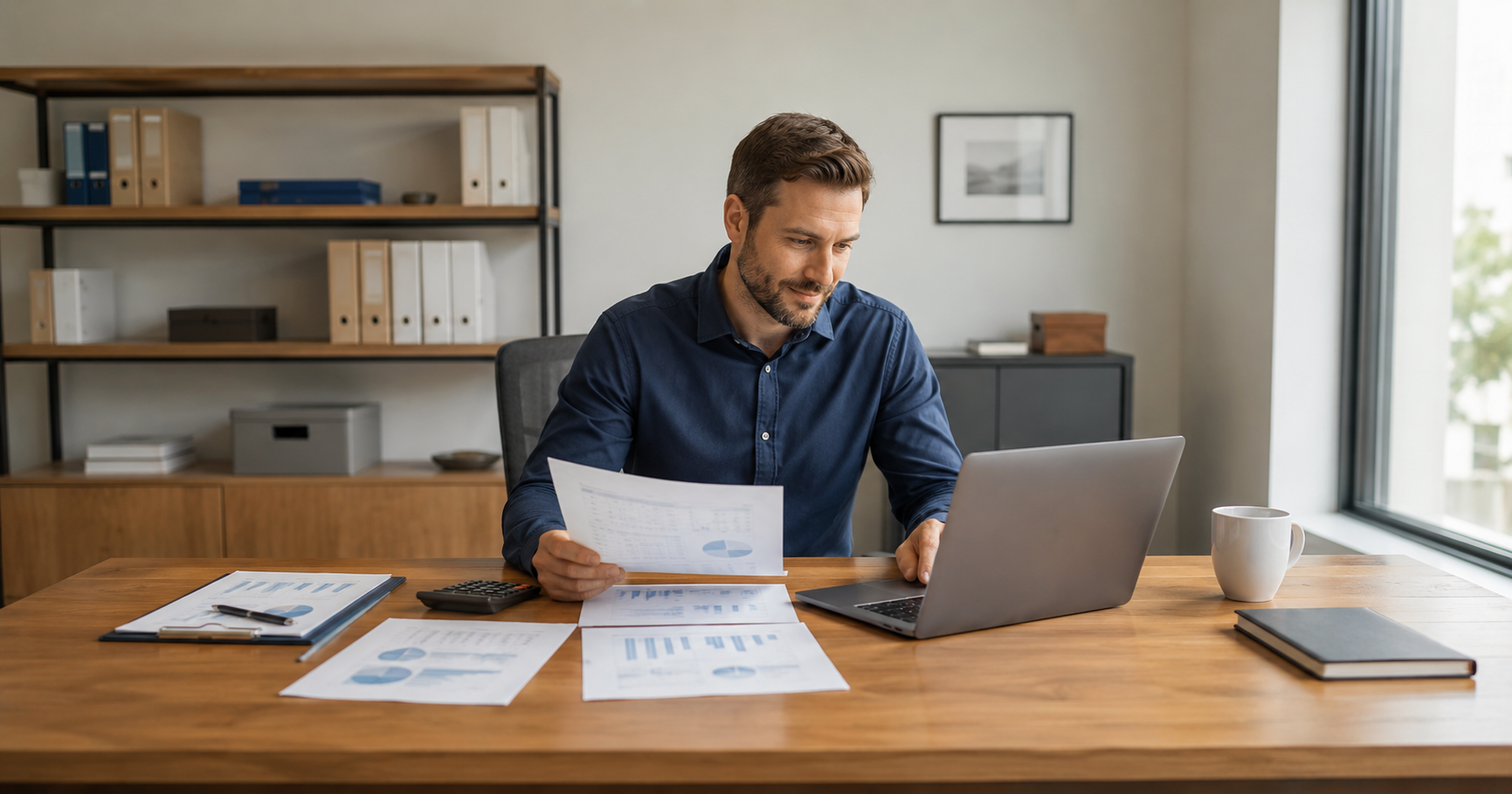 Business owner reviewing financial reports and cash flow while considering working capital loans.