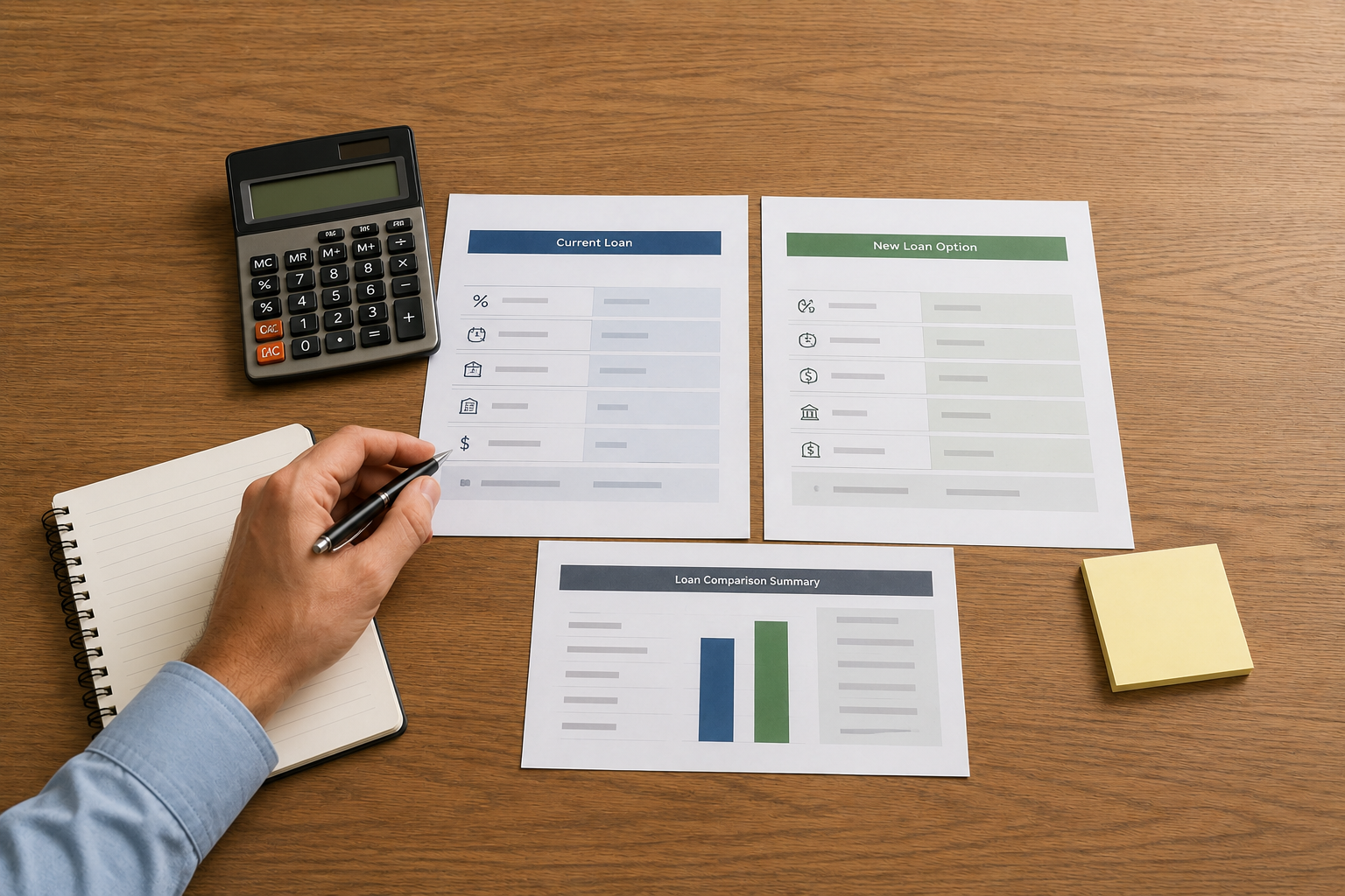 Business loan refinance comparison with calculator and loan documents