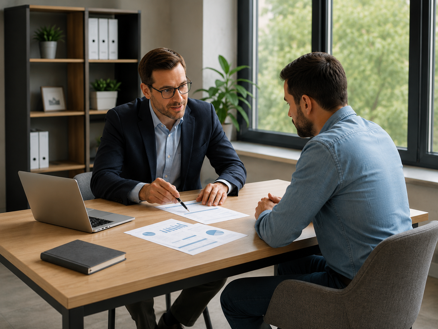 Business owner reviewing small business loan refinancing terms with an adviser