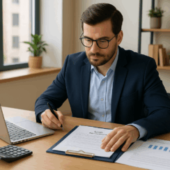 Businessman working on a loan application without giving up control