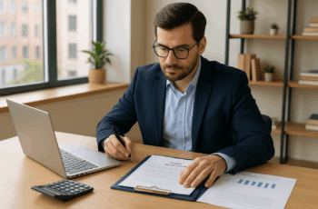 Businessman working on a loan application without giving up control