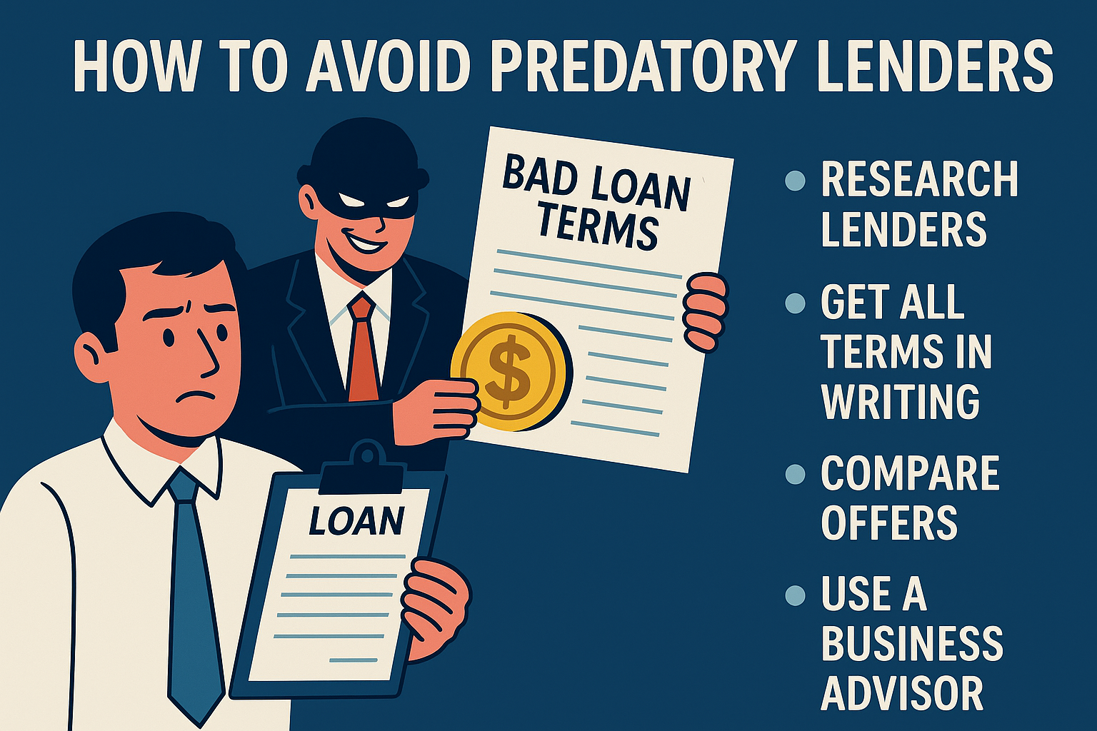 cartoon showing a predatory lender and a loan applicant