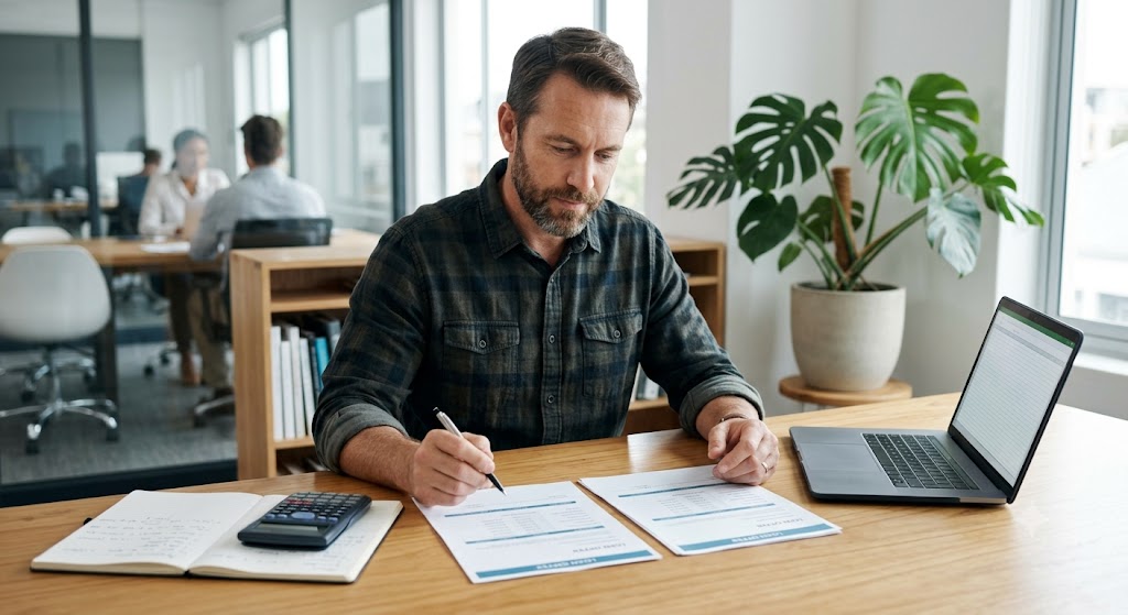 Small business owner comparing loan offers and calculating repayment costs