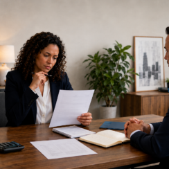 Small business owner carefully reviewing loan documents during a professional meeting.