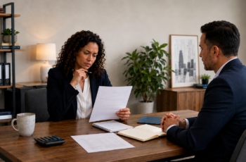 Small business owner carefully reviewing loan documents during a professional meeting.