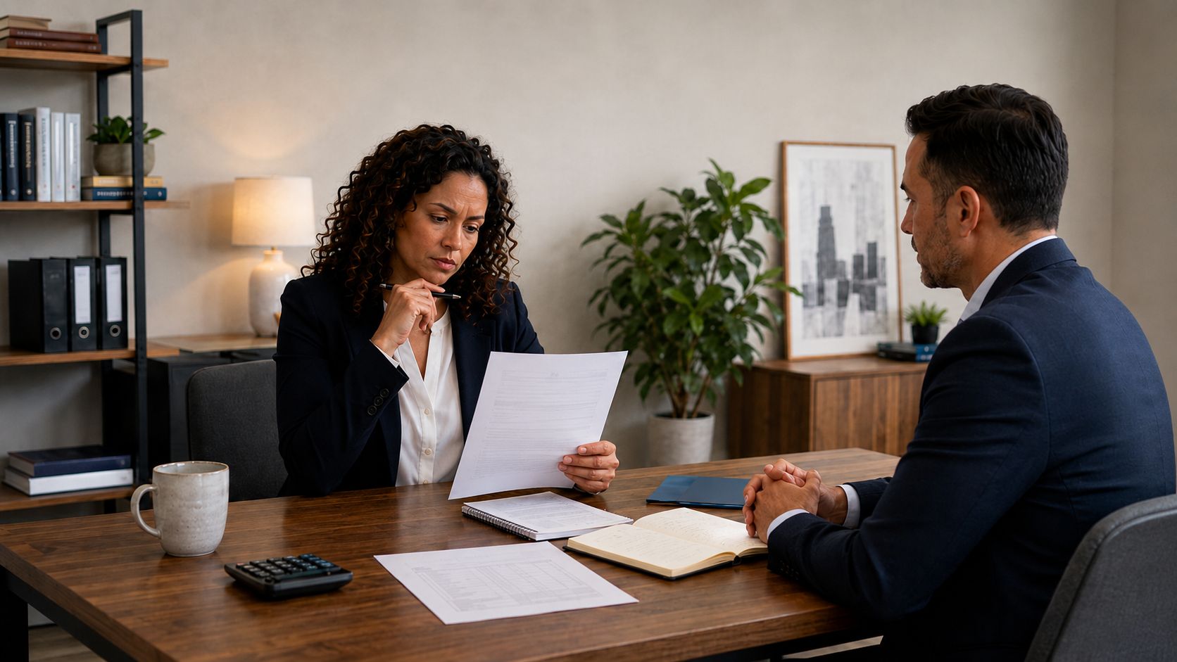 Small business owner carefully reviewing loan documents during a professional meeting.