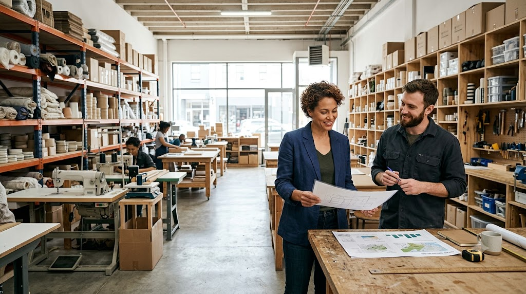 Small business owners reviewing expansion plans in a workshop with inventory and equipment nearby.