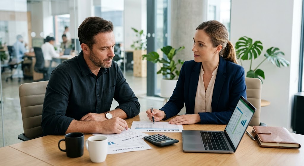 Business owner meeting with an adviser to review loan terms and repayment options