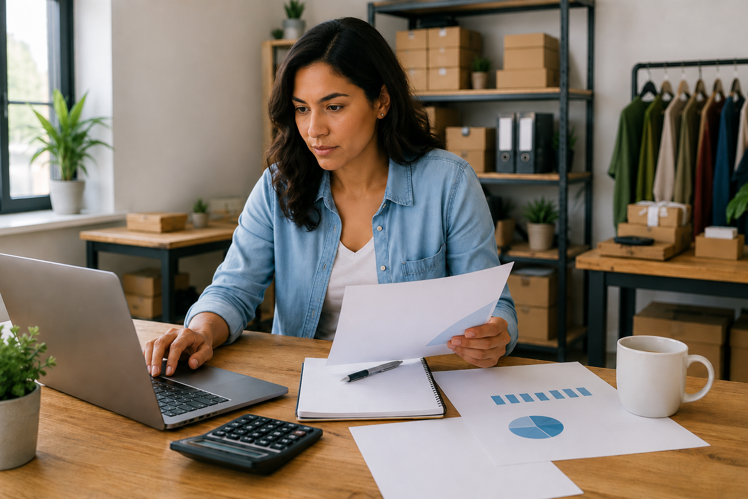 Small business owner reviewing cash flow reports before using a loan for expansion.