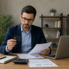 Entrepreneur reviewing business credit card costs and financial documents at his desk