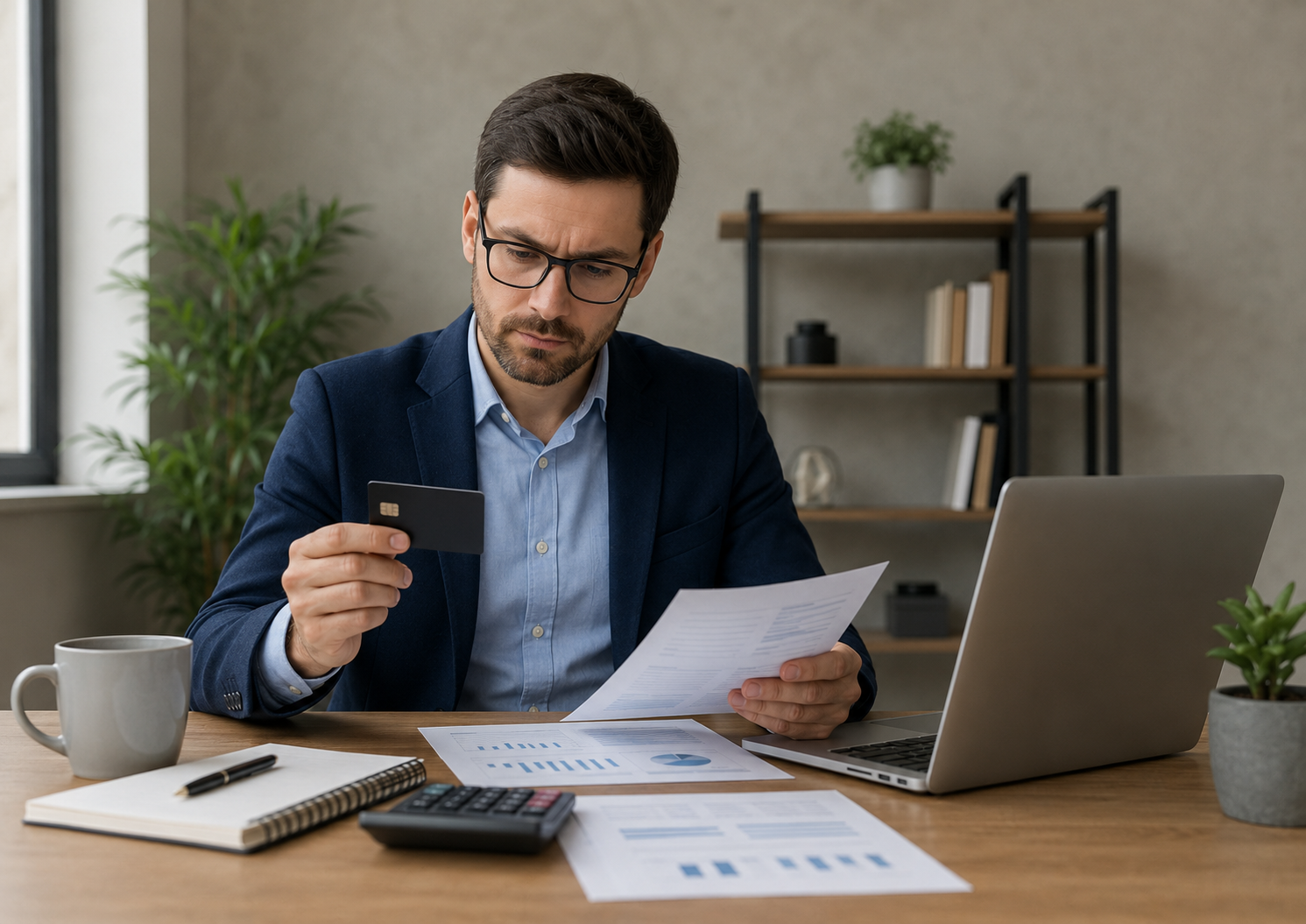 Entrepreneur reviewing business credit card costs and financial documents at his desk