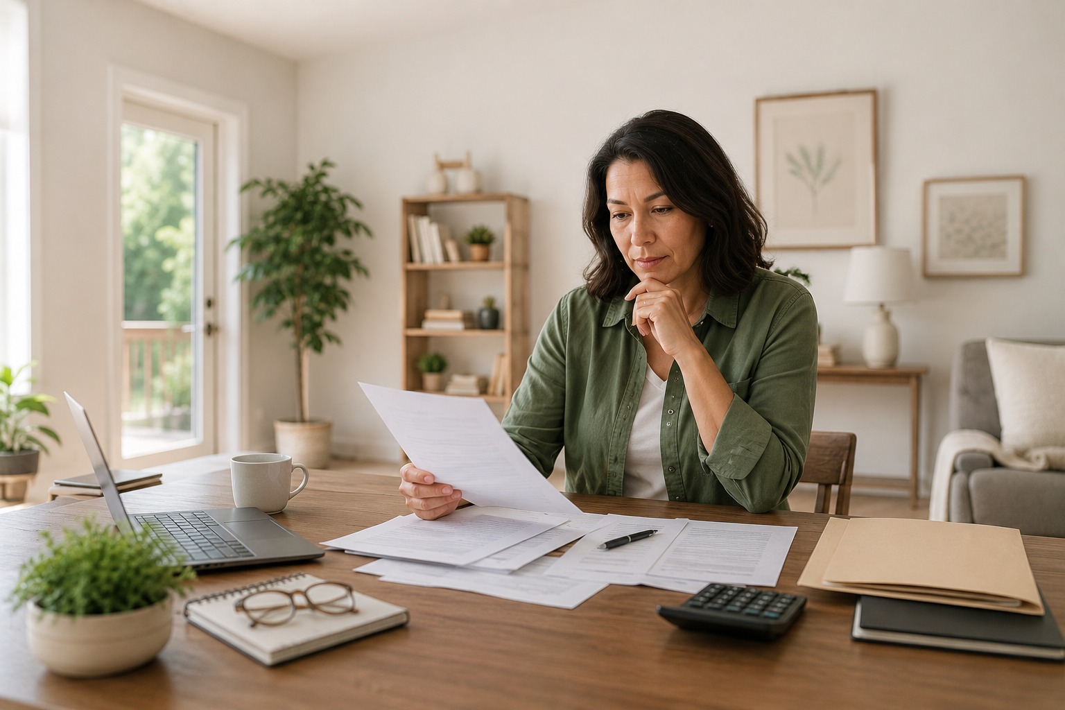Small business owner reviewing loan documents at a home office desk before signing.