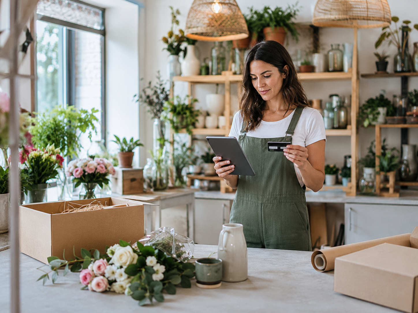 Small business owner using a business credit card while managing purchases in her flower shop