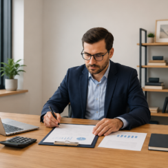 Professional small business owner reviewing loan documents at a desk in a modern office.