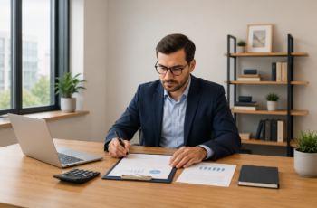 Professional small business owner reviewing loan documents at a desk in a modern office.
