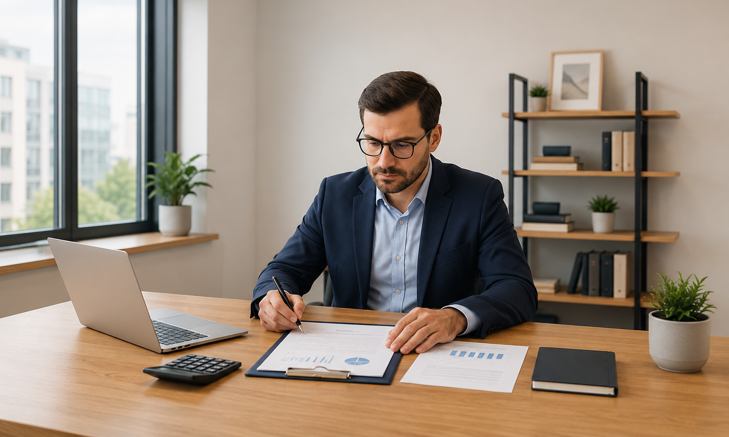 Professional small business owner reviewing loan documents at a desk in a modern office.