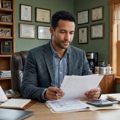 Small business owner reviewing loan documents carefully in a professional office before applying for financing.