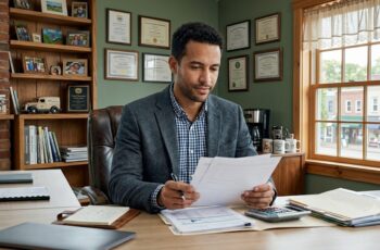 Small business owner reviewing loan documents carefully in a professional office before applying for financing.