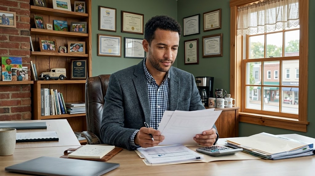 Small business owner reviewing loan documents carefully in a professional office before applying for financing.