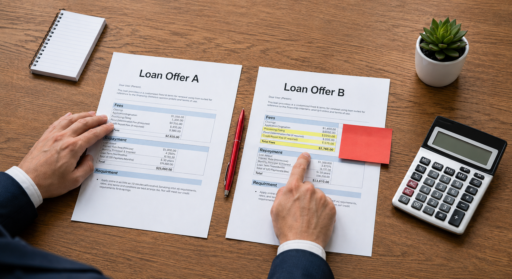 Two business loan offers being compared side by side with fees and repayment terms highlighted.
