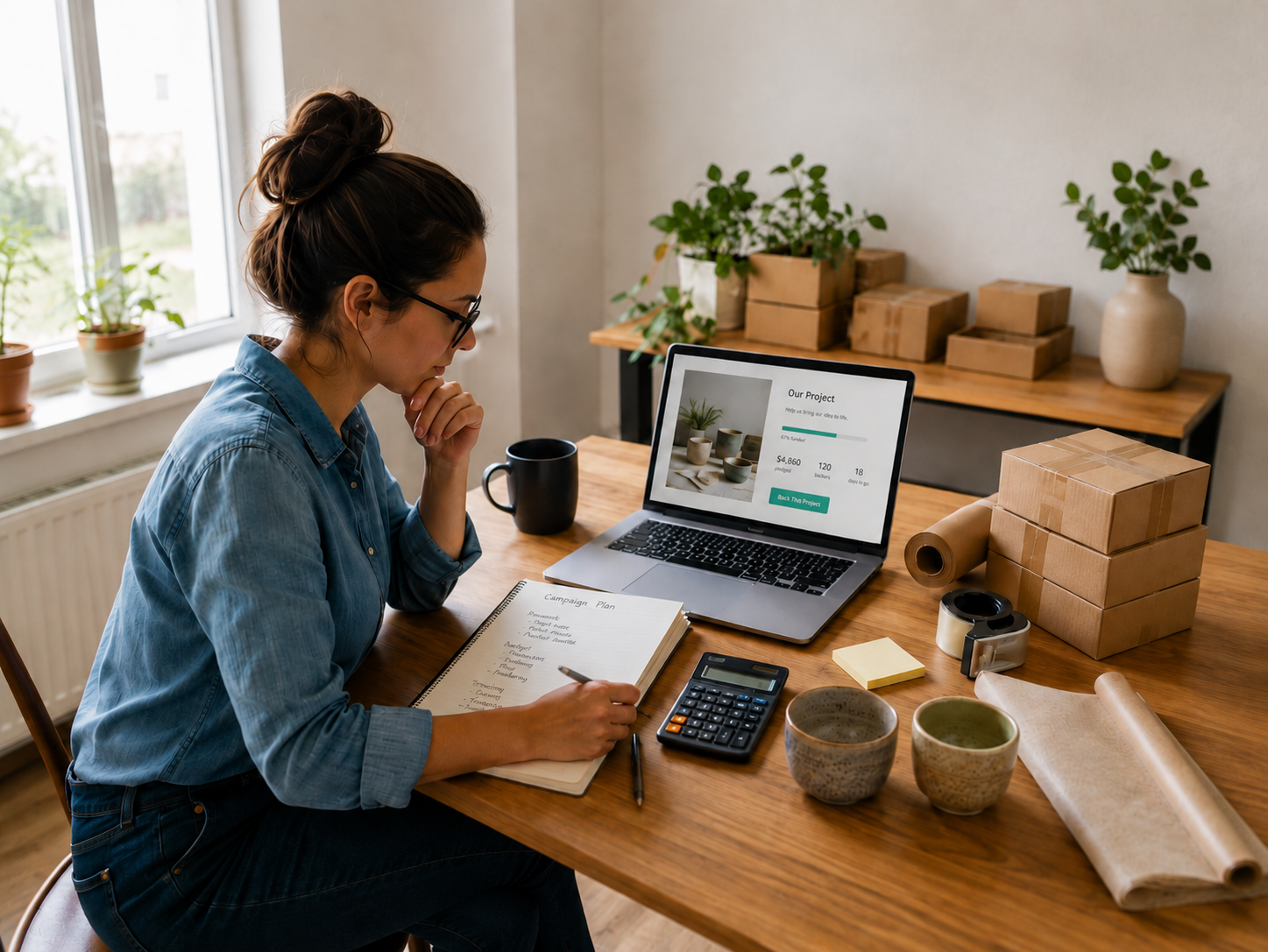 Small business owner planning a crowdfunding campaign in a home workspace