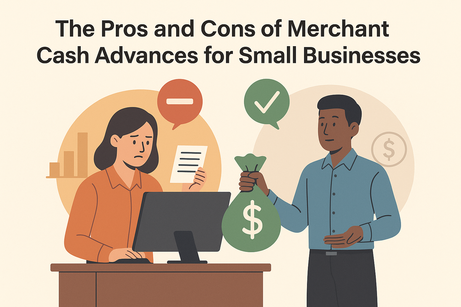 Pros and COns of merchant cash advances text and cartoon images of a man and a woman