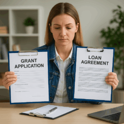 woman holding two documents comparing small business grants vs. loans
