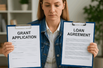 woman holding two documents comparing small business grants vs. loans