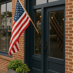 flag in a bank door for Patriot Day