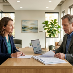 Small business owner and lender reviewing SBA loan documents in a professional office.