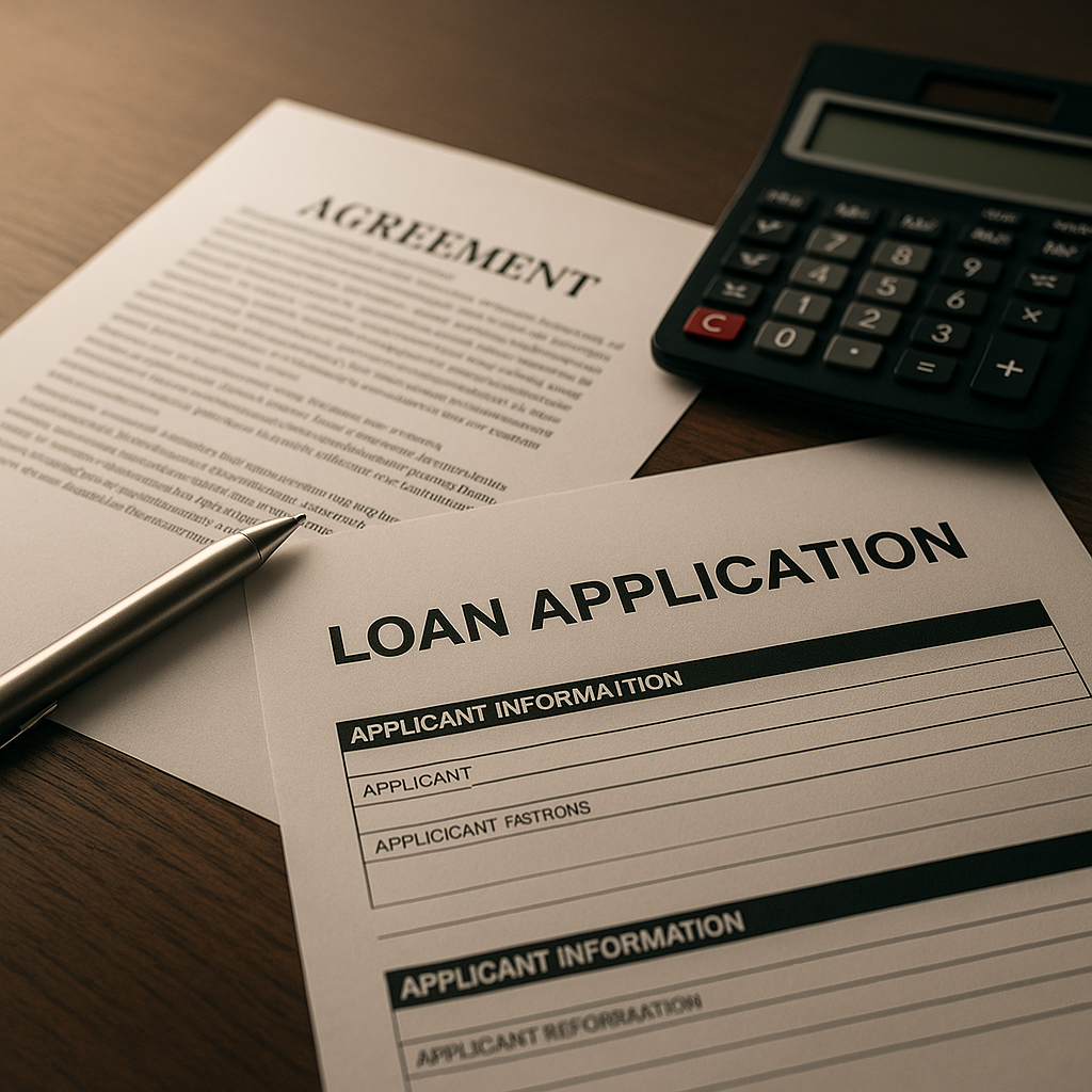 Loan paperwork, calculator, and pen on a small-business desk showing how bank risk appetite and financing terms shift with global diplomacy.