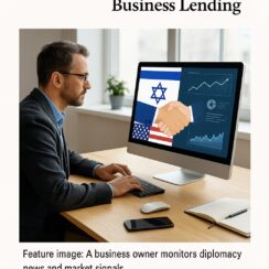 Business owner analyzing diplomacy data with U.S. and Israeli flags on screen, illustrating how Middle East peace talks and small business lending are connected.