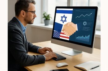 Business owner analyzing diplomacy data with U.S. and Israeli flags on screen, illustrating how Middle East peace talks and small business lending are connected.