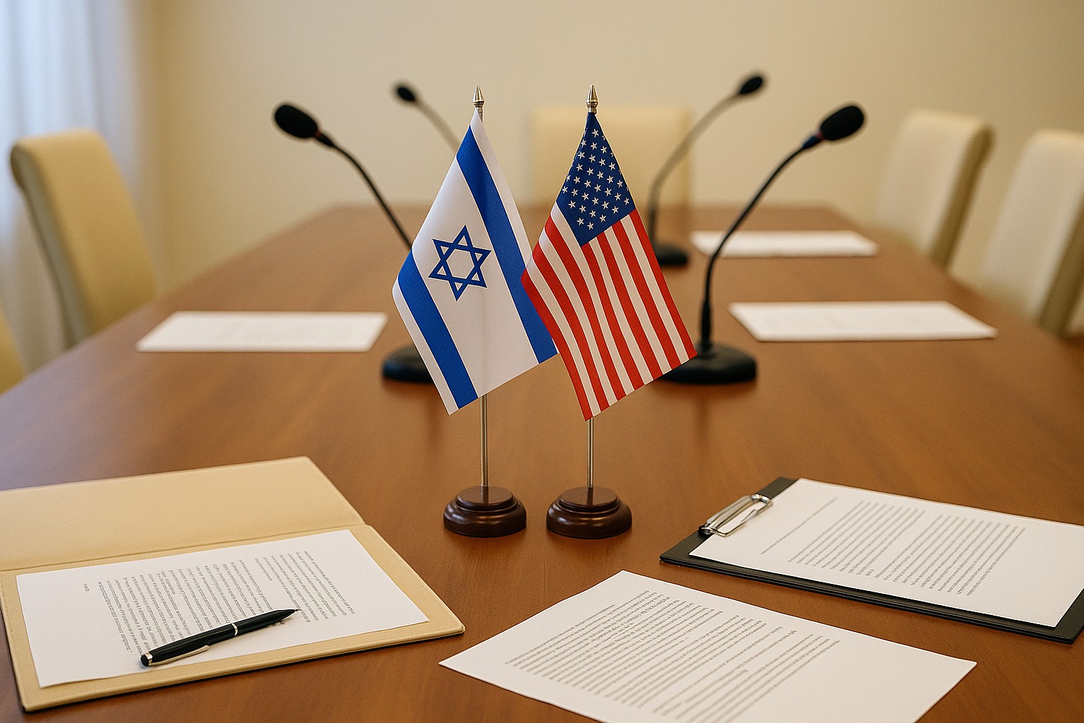 Peace negotiation table with U.S. and Israeli flags, documents, and microphones representing progress that can influence small-business lending confidence.