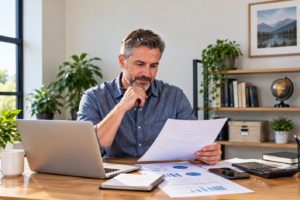 Middle-aged small business owner reviewing financing documents at his desk with a laptop and calculator.