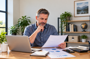 Middle-aged small business owner reviewing financing documents at his desk with a laptop and calculator.
