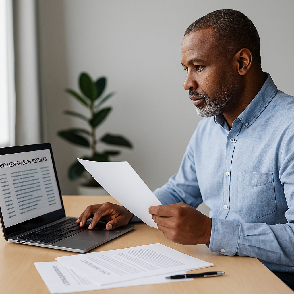 SBA UCC lien checklist—business owner reviewing search results with clean paperwork