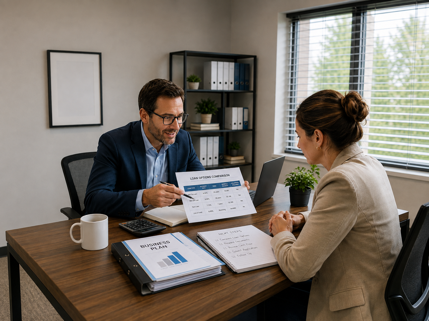 Lender and business owner reviewing loan options and next steps during a small business loan meeting