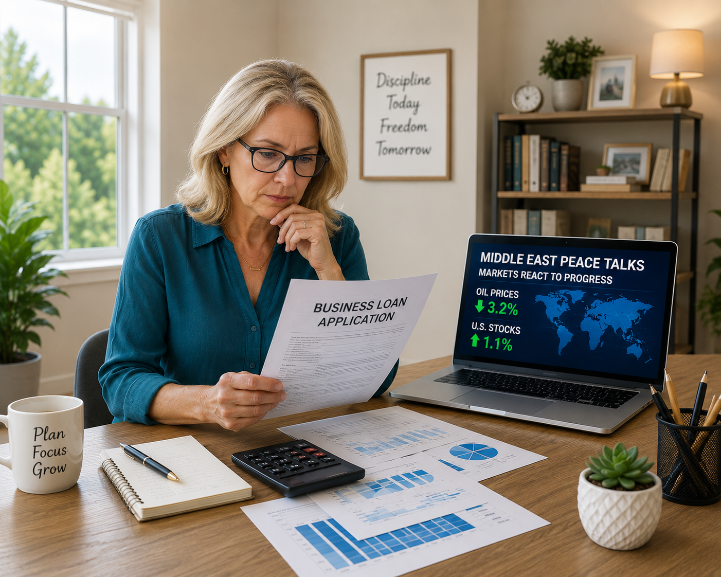 Middle-aged woman reviewing a business loan application at a tidy home office desk with charts, a laptop showing market updates, plants, and natural light.