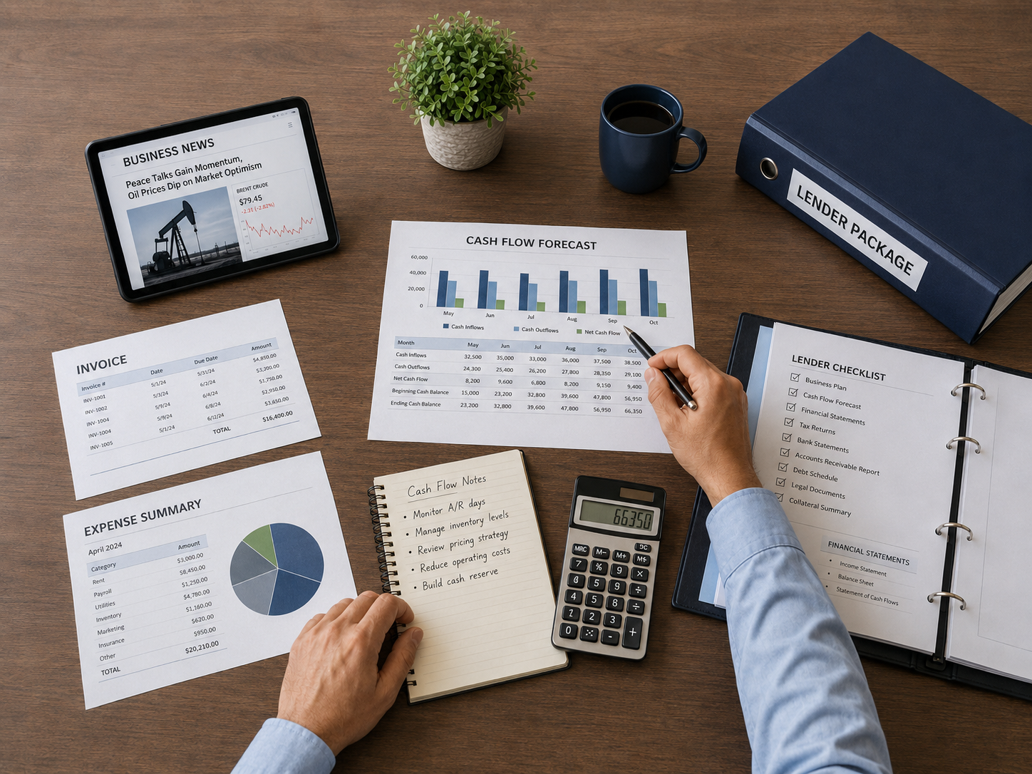 Top-down view of cash flow forecast documents, invoices, expense summary, calculator, lender checklist, and business news about peace talks and oil prices.