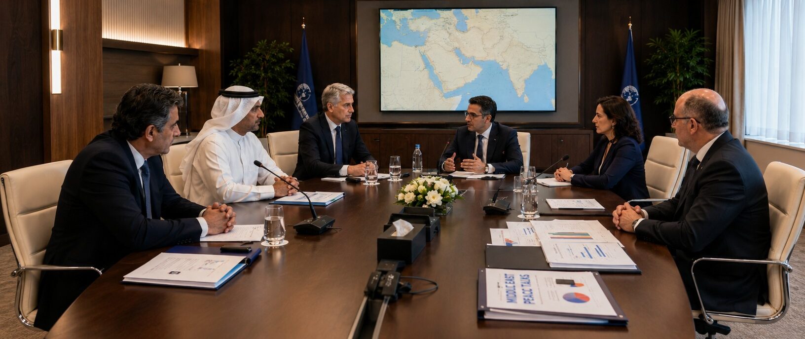 Wide view of a professional boardroom where diplomats discuss Middle East peace talks, with documents on the table and a regional map on the wall.